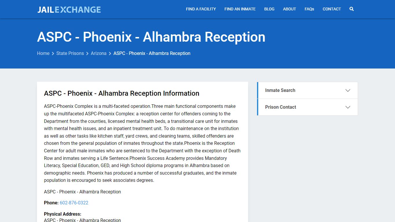 ASPC - Phoenix - Alhambra Reception Inmate Search, AZ - Jail Exchange